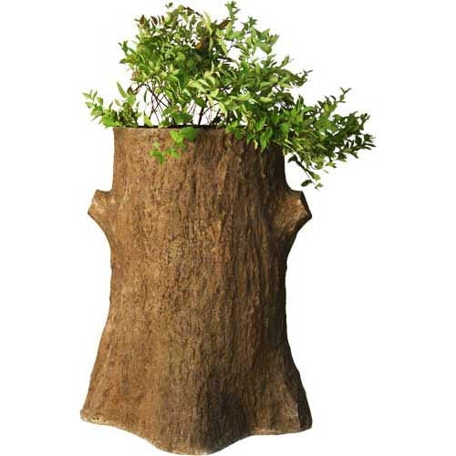 Tree trunk planter with leafy green foliage, featuring a rustic, old world European woodland style and natural, organic texture.