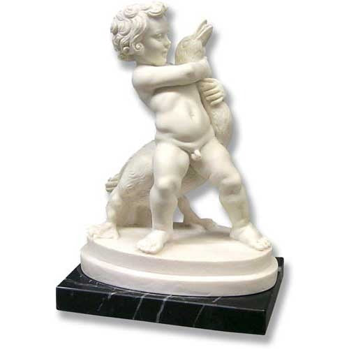 Cherub embracing a goat in an ornate, classical Baroque style sculpture with intricate detailing and old world European influence.