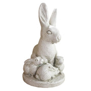 Rabbit statue with three baby bunnies in an ornate, old world European style, featuring classical sculptural details and rounded base.