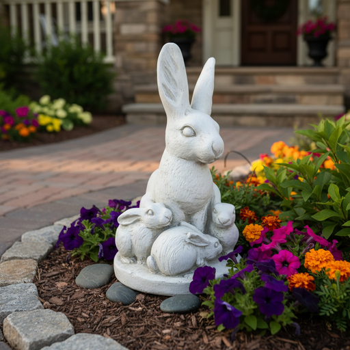 Rabbit statue with three baby bunnies in an ornate, old world European style, featuring classical sculptural details and rounded base. Side Angle