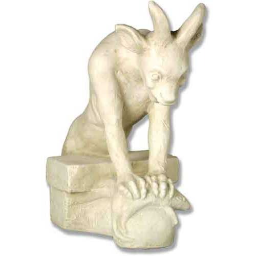 Grotesque gargoyle with horns and elongated limbs in a medieval Gothic style, crouching over an ornate architectural element.