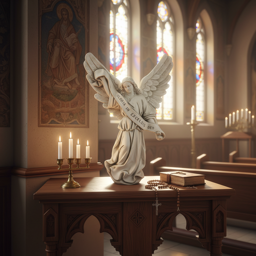 Baroque-style angel with flowing robes and outstretched wings holding a scroll inscribed with "Gloria in Excelsis Deo" Side Angle