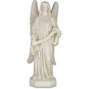 Standing angel with large wings and a serene facial expression holding a scroll on a hexagonal base.