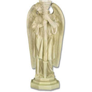 Standing angel with a serene expression holding a tall, ornate candlestick, featuring large detailed wings on an octagonal base.