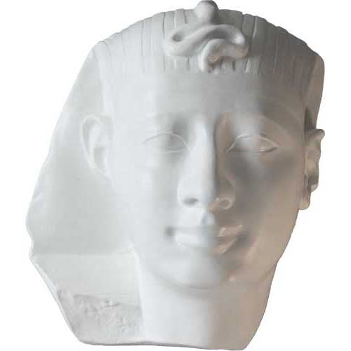 Egyptian pharaoh bust with classical features, ornate headdress, and stylized serpent motif in ancient old world style.