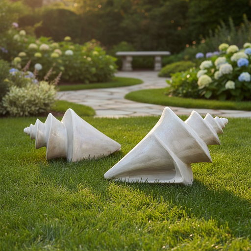 Pair of ornate, old world European style conch shell sculptures with classical, spiraled Baroque detailing and elegant curves. Side Angle