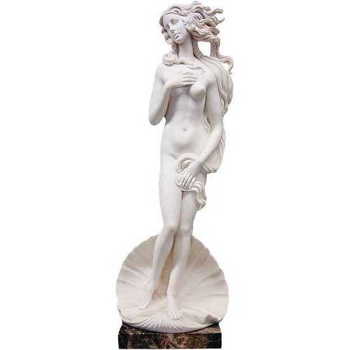 Classical Renaissance-style female figure with flowing hair, standing on a shell with ornate, old world European detailing.