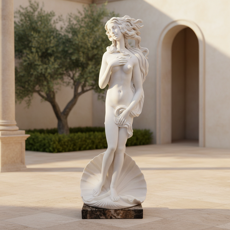 Classical Renaissance-style female figure with flowing hair, standing on a shell with ornate, old world European detailing. Side Angle