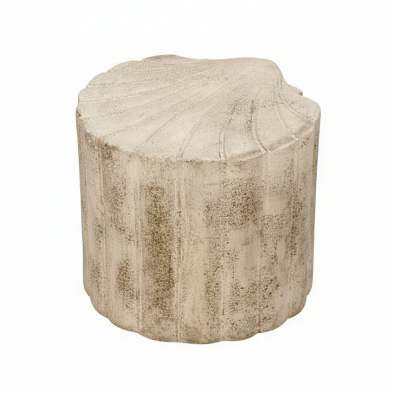 Classical Greek-inspired pedestal stool with fluted sides and scalloped top, featuring an old world European, weathered finish.