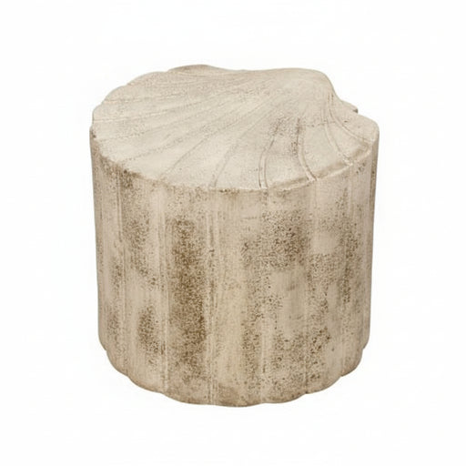 Classical Greek-inspired pedestal stool with fluted sides and scalloped top, featuring an old world European, weathered finish.