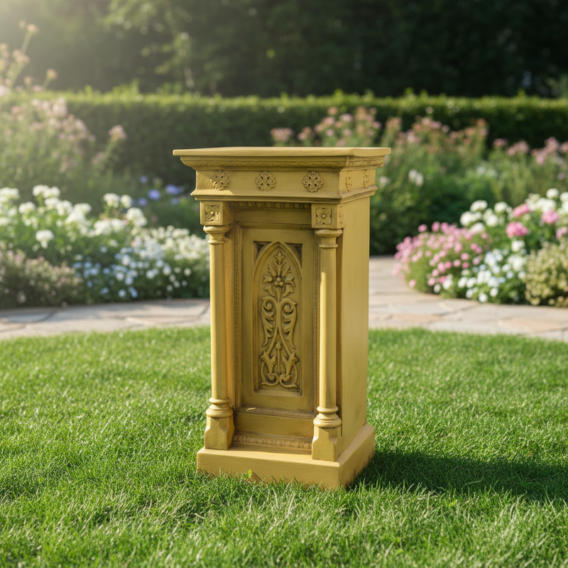 Ornate pedestal with classical columns, Gothic arch panel, and intricate old world European detailing in Baroque style. Side Angle