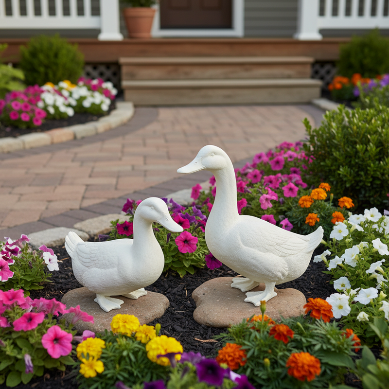Pair of ornate, old world European style duck sculptures with classical detailing and softly rounded forms in a naturalistic pose. Side Angle