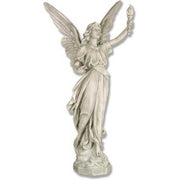 Standing angel with a serene expression holding a torch aloft, featuring detailed feathered wings.