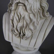 Classical Renaissance-style bust of a bearded man with detailed facial features and flowing hair on a pedestal base Side View
