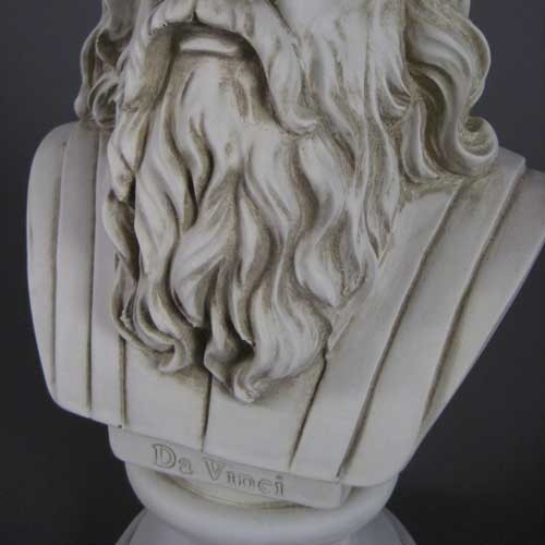 Classical Renaissance-style bust of a bearded man with detailed facial features and flowing hair on a pedestal base Side View