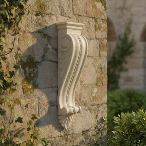 Ornate classical corbel with scrollwork, beaded detailing, and acanthus leaf motif in old world European architectural style. Side Angle