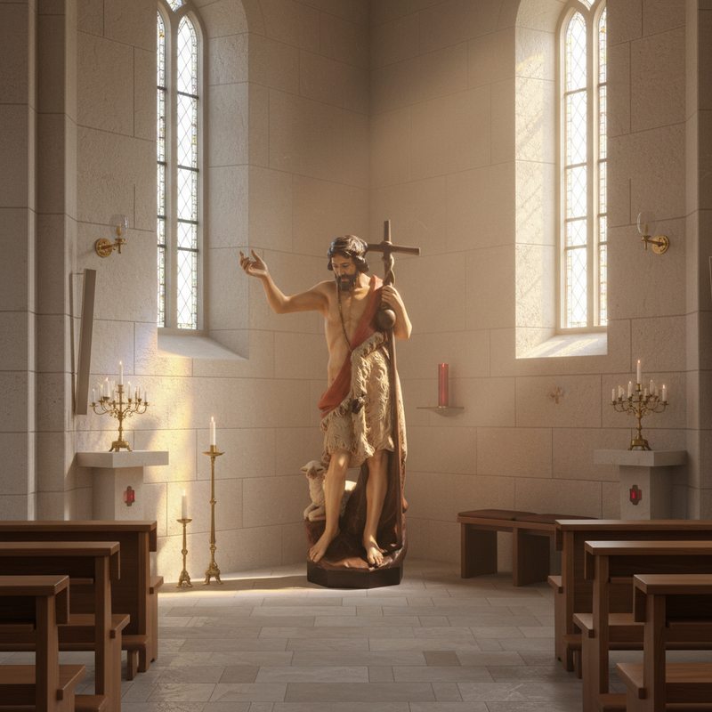 Saint John the Baptist statue in classical Renaissance style, holding a staff with a cross, draped in ornate, old world European attire. Side Angle