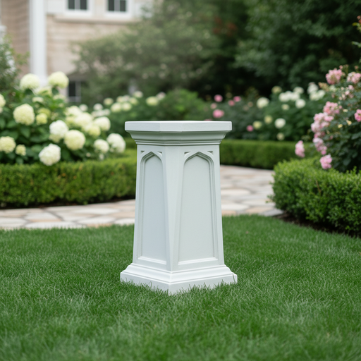 Pedestal with Gothic-inspired arches and classical lines, featuring ornate old world European architectural detailing. Side Angle