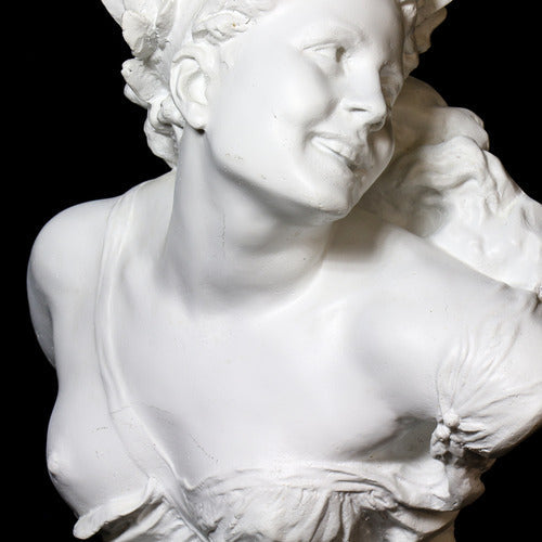 Bust of a smiling woman with laurel wreath, draped garment, and ornate detailing in classical Baroque style. Other Angle