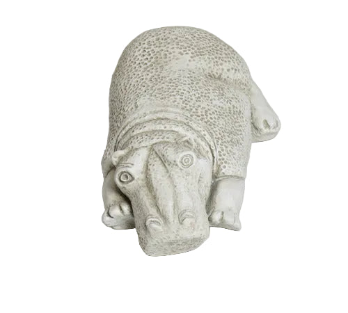 Hippo sculpture with textured surface, classical old world European style, featuring ornate detailing and a lifelike, relaxed pose.