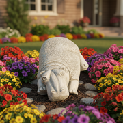 Hippo sculpture with textured surface, classical old world European style, featuring ornate detailing and a lifelike, relaxed pose. Side Angle