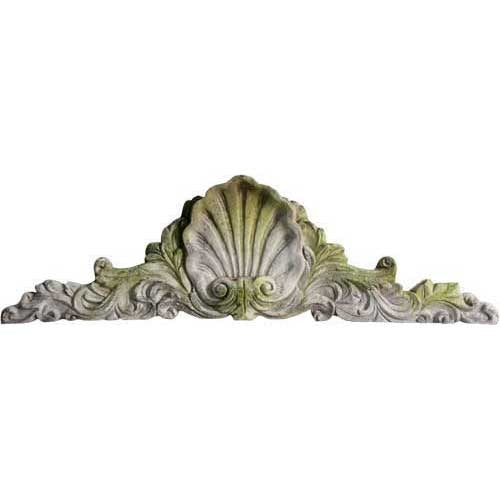 Ornate old world European shell crest with Baroque scrollwork and classical detailing, featuring symmetrical, intricate carvings.