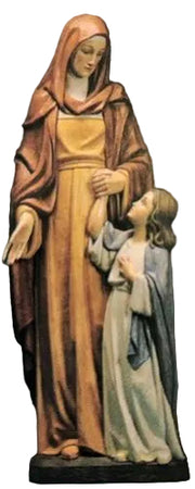 Saintly woman in flowing, classical robes holding hands with a child, featuring old world European and Renaissance-inspired details.