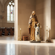 Saintly woman in flowing, classical robes holding hands with a child, featuring old world European and Renaissance-inspired details. Side Angle