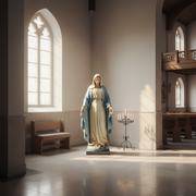 Virgin Mary statue in classical old world European style, standing with open arms on a pedestal adorned with stars and a serpent. Side Angle