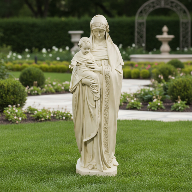 Madonna and Child statue in classical Renaissance style with ornate drapery and serene facial expressions. Side View