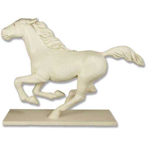 Galloping horse statue with flowing mane and tail, classical European style, detailed and dynamic old world design.