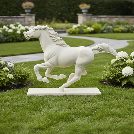 Galloping horse statue with flowing mane and tail, classical European style, detailed and dynamic old world design. Side Angle
