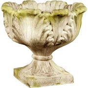 Ornate old world European urn planter with scalloped rim, classical leaf motifs, and pedestal base in a weathered finish.