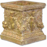 Square planter with winged cherubs holding garlands.