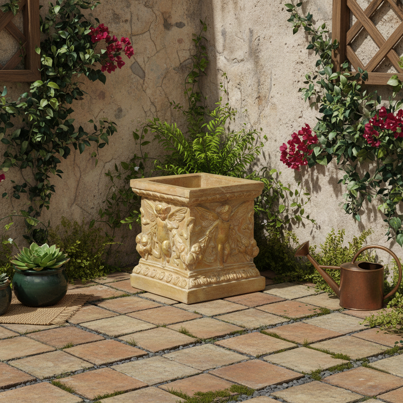 Square planter with Winged Cherubs  Outdoor Statue (8-Inch)