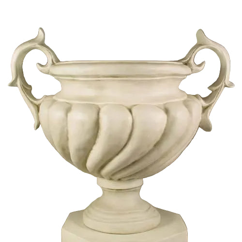 Ornate urn with swirling Baroque detailing, classical handles, and an old world European pedestal base.
