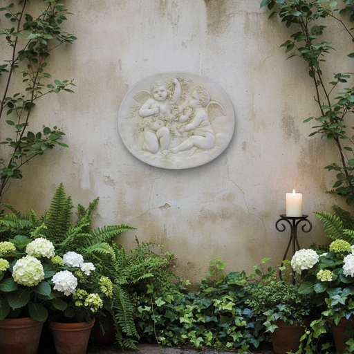 Cupids with Garland Outdoor Plaque (26.0 - Inch) Side Angle