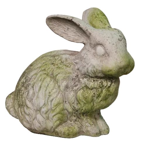 Rabbit statue with ornate, old world European detailing and weathered, mossy accents in a classical garden style.