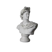 Classical Greek-style bust with ornate drapery and detailed hair, featuring a serene, idealized facial expression.