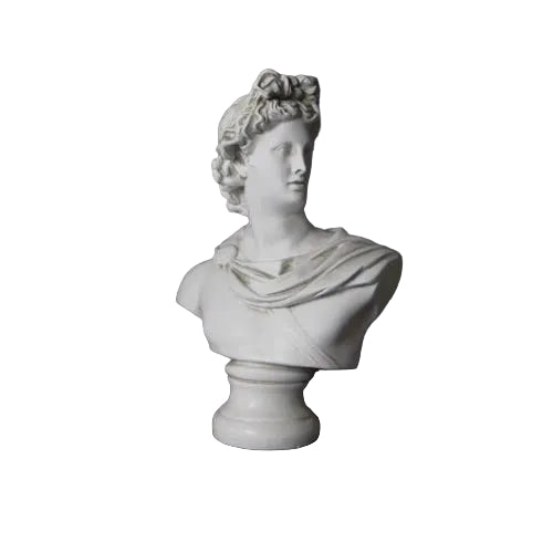 Classical Greek-style bust with ornate drapery and detailed hair, featuring a serene, idealized facial expression.
