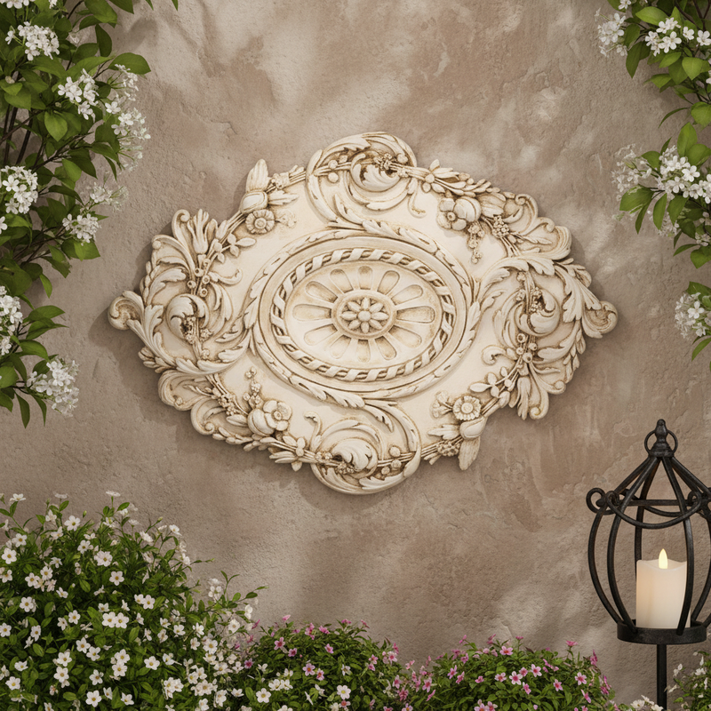 Ornate Baroque ceiling medallion with intricate floral scrollwork and classical old world European detailing. Side Angle