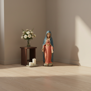 Madonna statue in classical old world European style, featuring ornate robes and serene expression with hands extended downward. Side Angle