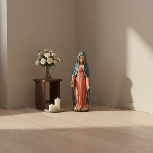 Madonna statue in classical old world European style, featuring ornate robes and serene expression with hands extended downward. Side Angle