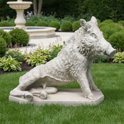 Baroque-style wild boar statue with detailed fur and classical European sculptural features in a seated pose. Side Angle