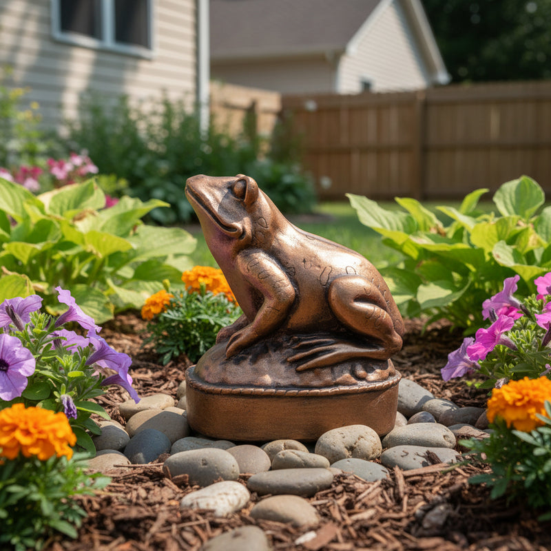 Frog figurine with ornate detailing, classical old world European style, perched on an oval base with subtle decorative accents. Side Angle