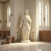 Sacred Heart of Jesus statue in classical old world European style with flowing robes and ornate detailing, standing on a pedestal. Side Angle