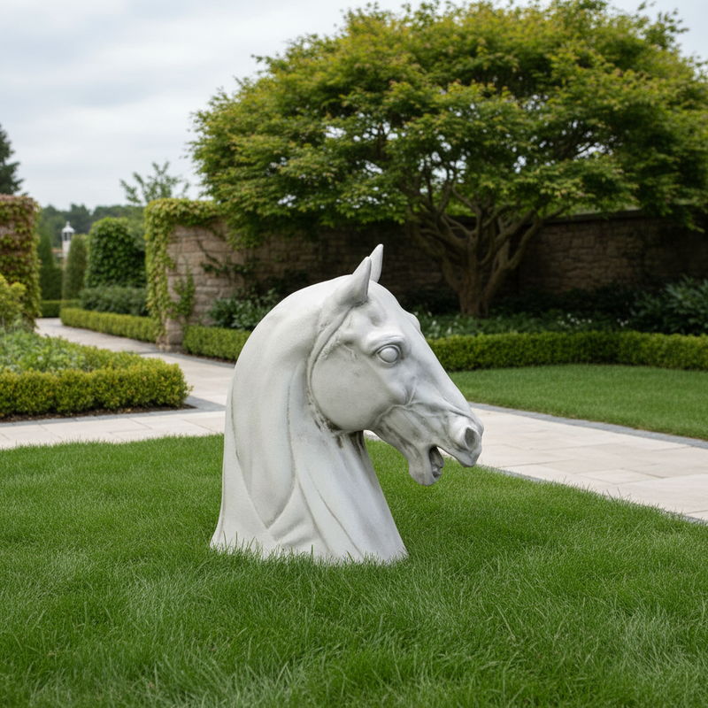 Horse head sculpture with classical Greek style, featuring detailed, lifelike features and an expressive, ornate design. Side Angle
