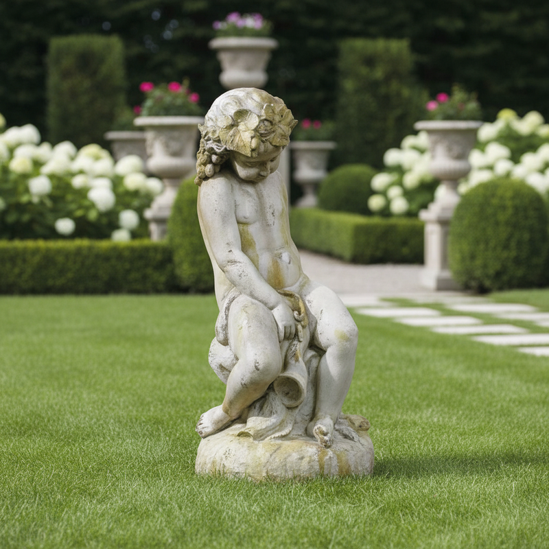 Sitting  Cherub With A  Horn. Outdoor Statue (34-Inch)