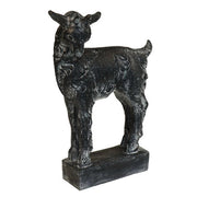 Goat statue with classical old world European style, featuring ornate detailing and a sturdy rectangular base.