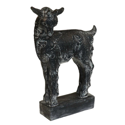 Goat statue with classical old world European style, featuring ornate detailing and a sturdy rectangular base.